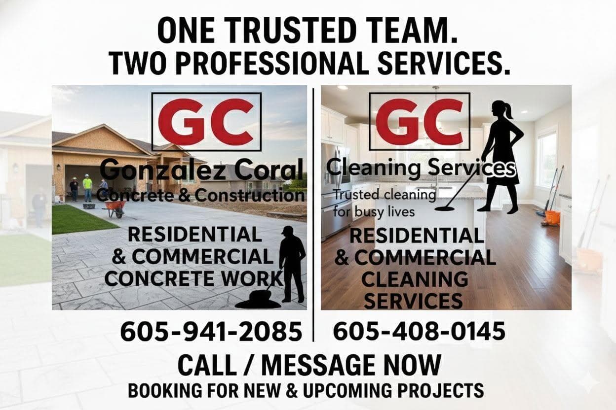 Our own graphic pairing GC Concrete & Construction with GC Cleaning Services: one trusted team, two professional services