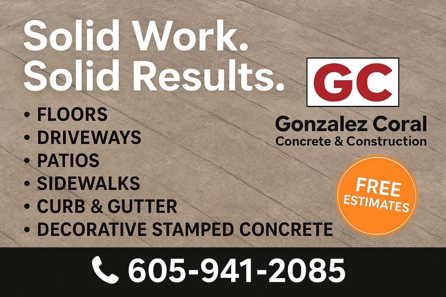 Our real yard sign: Solid Work. Solid Results. with the red GC mark and the trade list